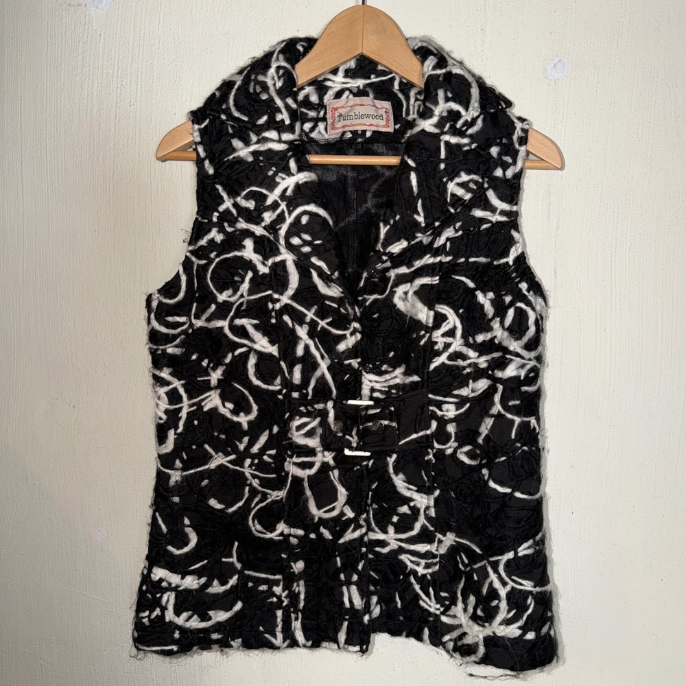 Tumbleweed Womens B/W Wool Abstract Swirl Textured Belted Vest Sz Small